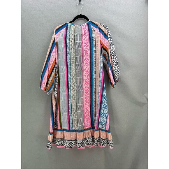 Lulalife Women Multicolor Light Cotton Striped Abstract Shirred Midi Dress Large - Picture 2 of 12